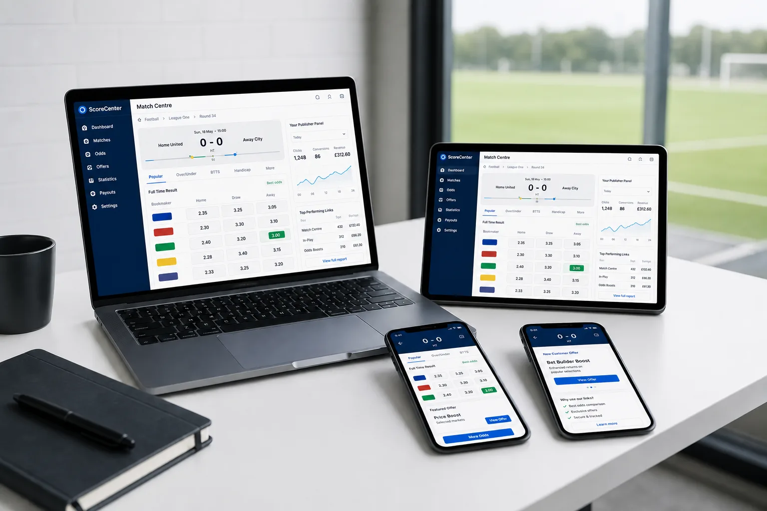 Football odds comparison and affiliate performance tools shown across responsive devices
