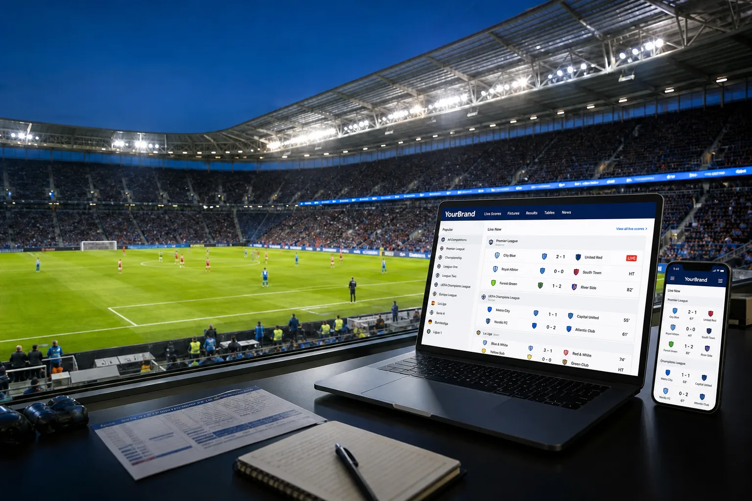White-label football live scores displayed on a laptop and phone inside a stadium