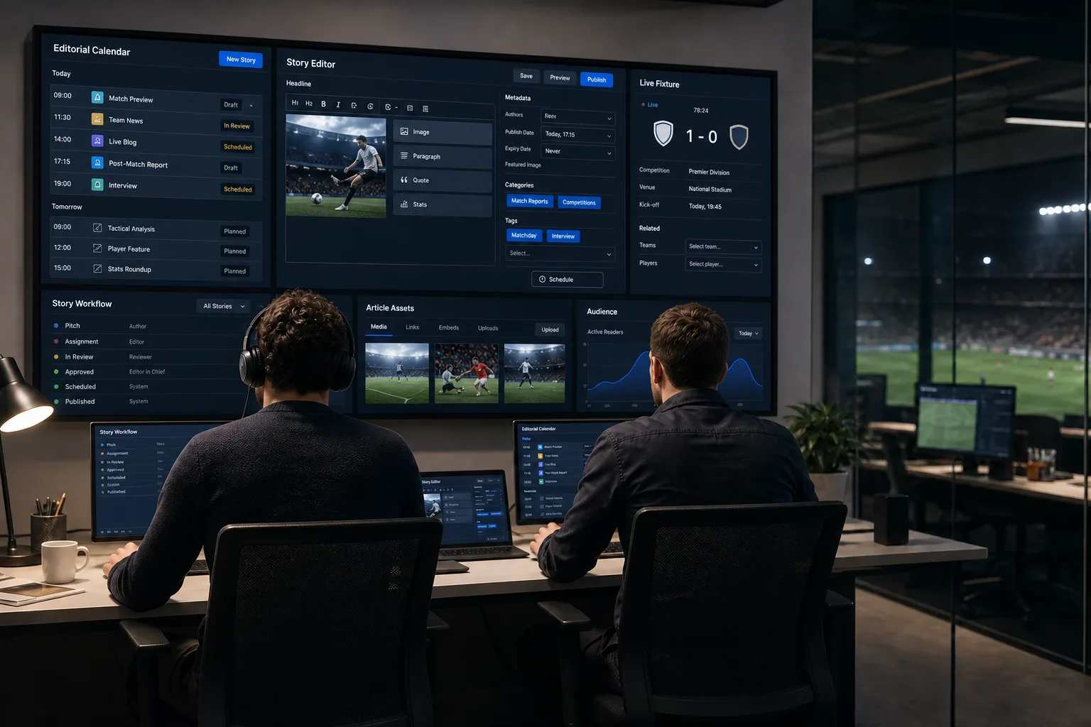 Sports editors using a news CMS with article, calendar and live fixture workflows